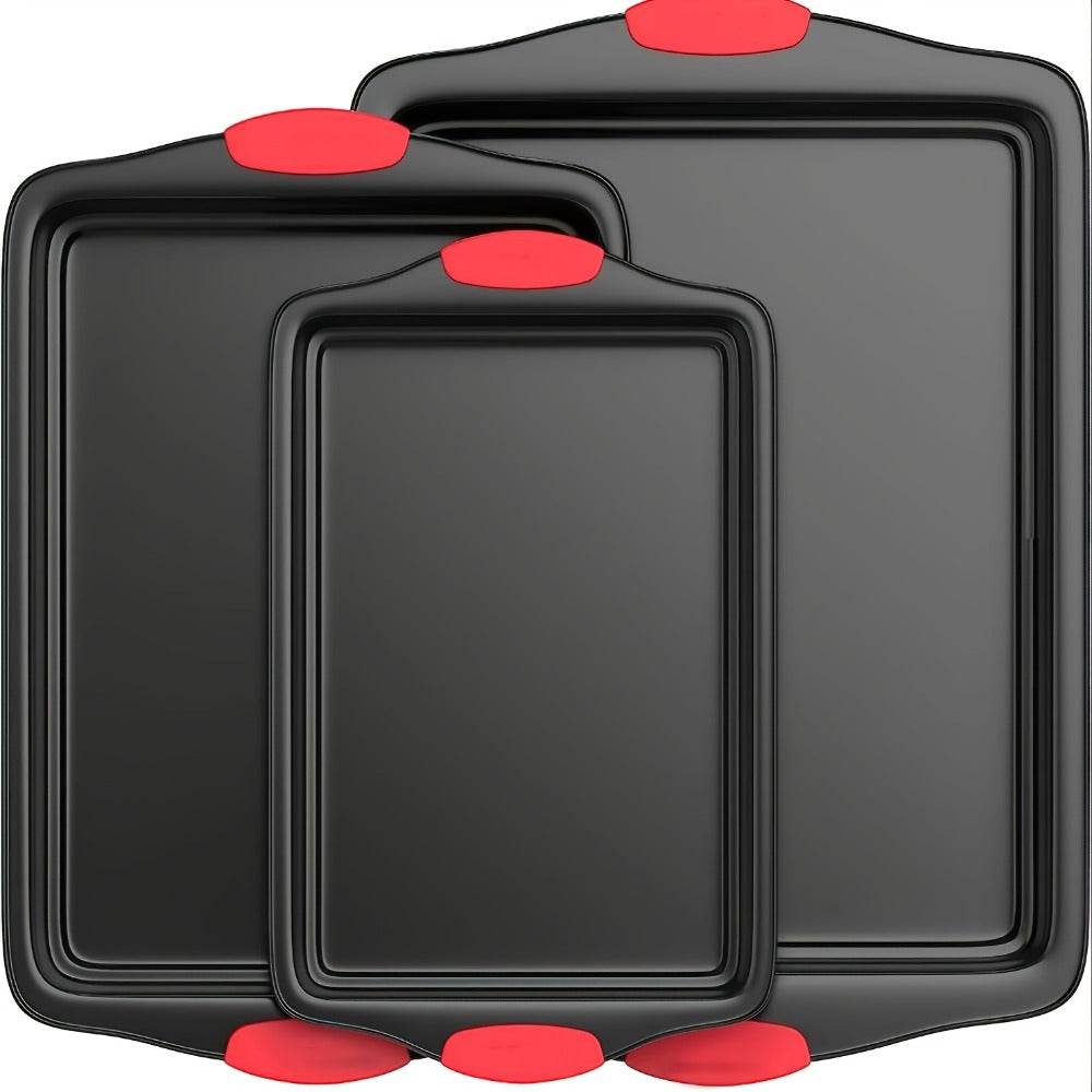Carbon Steel Nonstick Baking Pan Set 3 or 9pcs Commercial Grade Restaurant Quality Nonstick Inside and Outside Oven Baking Pan with Red Silicone Handle Gray