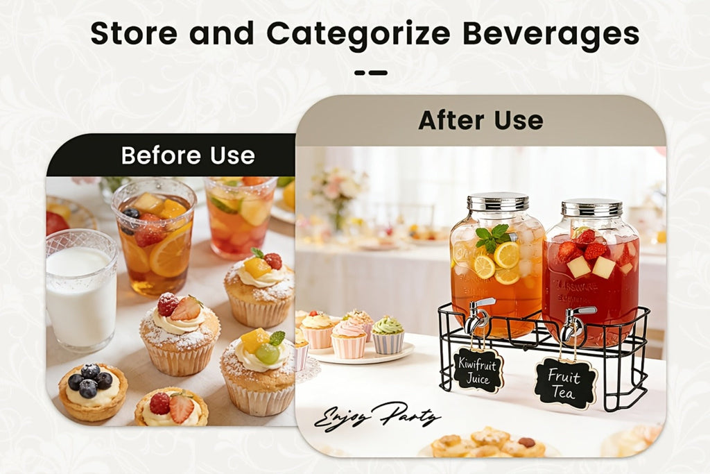 Glass Drink Dispenser with Fruit Infuser, Ice Cylinder & Stainless Steel Spigot ¨C 1 Gallon Beverage Dispenser with Stand for Parties, Weddings, BBQ & Lemonade