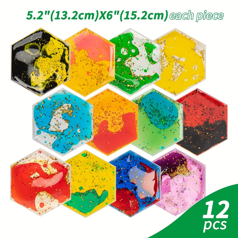 Liquid Tiles Vinyl Flexible Wall Stickers 12-Pack ¨C Geometric Sensory Tiles for Wall & Floor Decor, Stress Relief Fidget Tiles, Square & Hexagon Shapes, 5.9 x 5.9 Inches Each