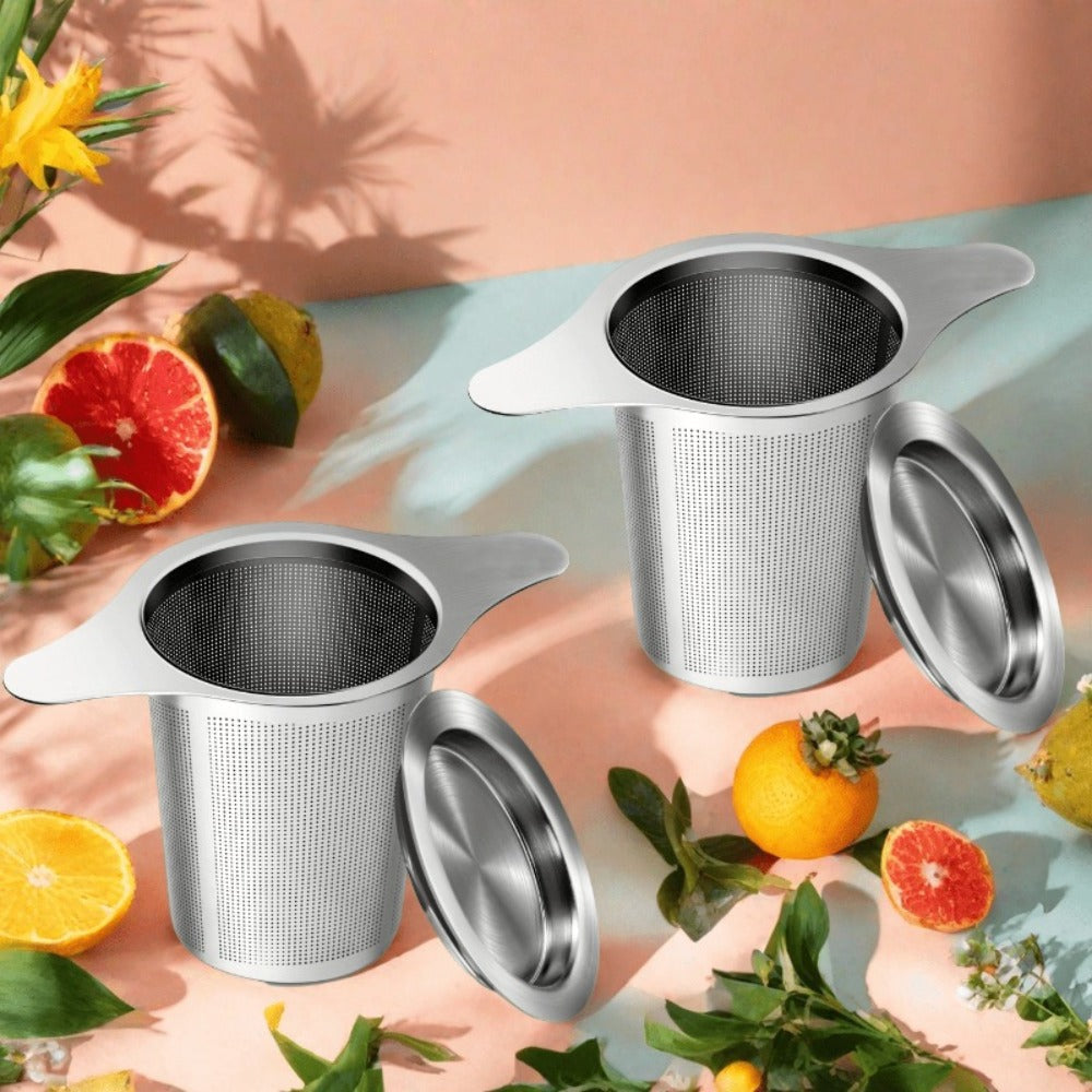 Stainless Steel Tea Strainer Set of 4 with Lid ¨C Fine Mesh Tea Infuser with Dual Handles for Loose Leaf Tea, Herbs & Spices ¨C Ergonomic Grip, Durable & Easy to Clean