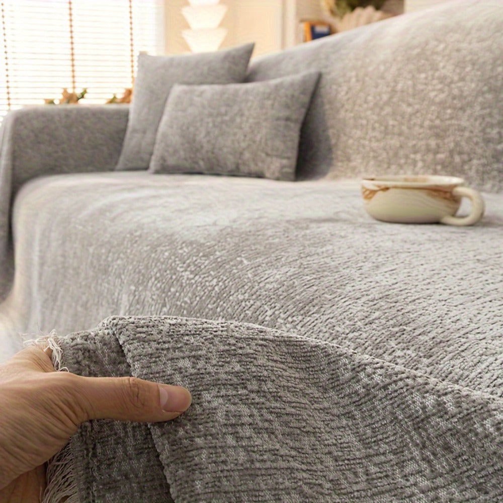 Chenille Sofa Cover with Fringe 300GSM - Super Soft Pet Friendly Solid Couch Slipcover for Single 2 4 Seater Living Room Decoration, 4 Colors