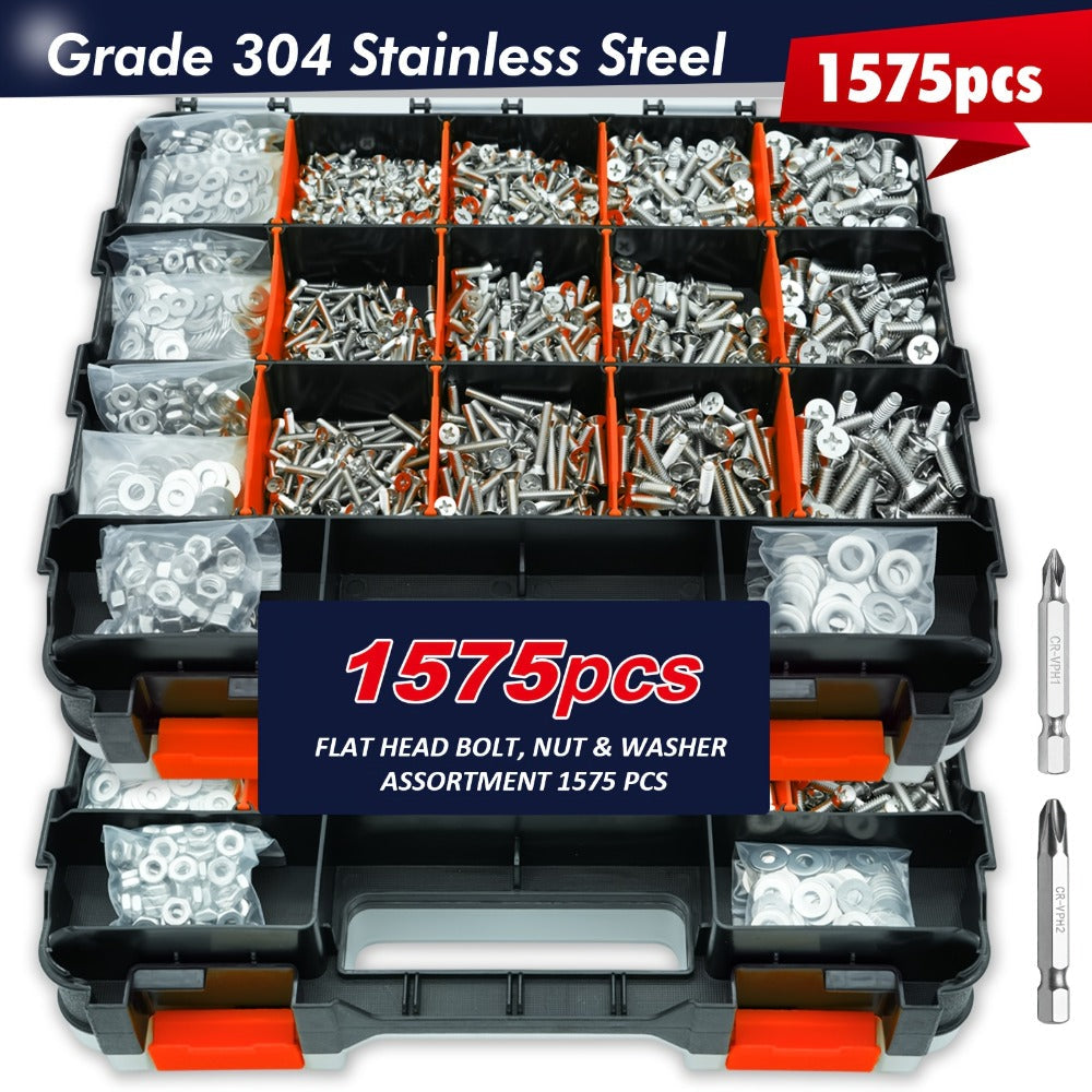 1575pcs 304 Stainless Steel Nuts and Bolts Assortment Kit ¨C Pan Head Flat Head Screws Nuts Washers with Double-Sided Storage Box for Home & Mechanical Repairs