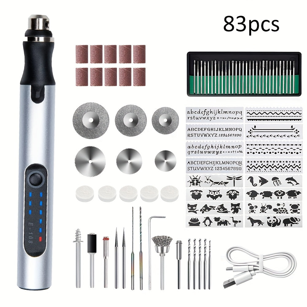 Mini Rotary Tool Kit - Wireless USB Rechargeable Micro Drill Carving Pen for Cutting, Carving, Drilling, Polishing & Buffing (58/74/83 Pcs)