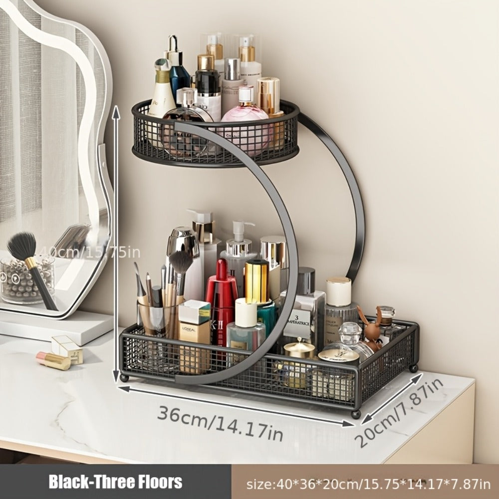 3-Tier Mesh Metal Bathroom Countertop Organizer - No-Installation Makeup Storage Rack, Tiered Vanity Shelf for Lipstick, Brushes & Skincare Bottles, Bronze Finish Space-Saving Cosmetic Organizer