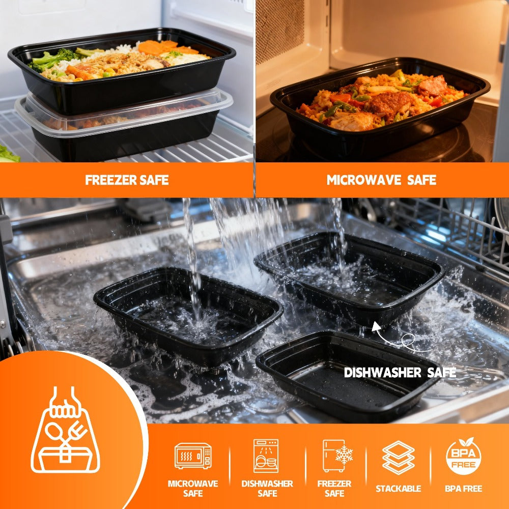 Meal Prep Containers with Lids 50 Pack BPA Free ¨C 32oz & 38oz Stackable Disposable Plastic Food Storage Containers, Microwave Dishwasher Freezer Safe | Restaurant, Catering, Home Kitchen & Lunch Boxes