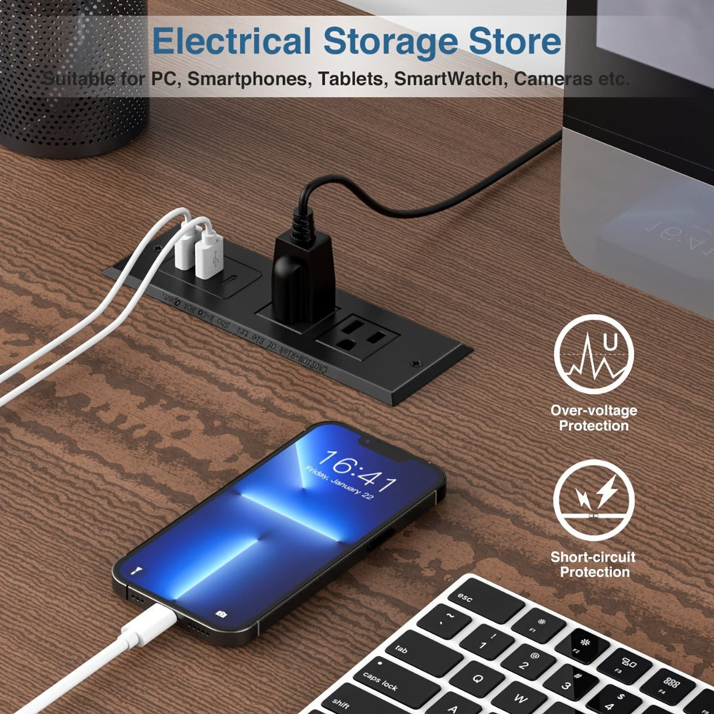 Recessed Power Strip Flush Mount Desk Outlet with USB-C & USB-A Ports In-Desk Power Grommet for Conference Room Office Table Furniture 1.5m Cord