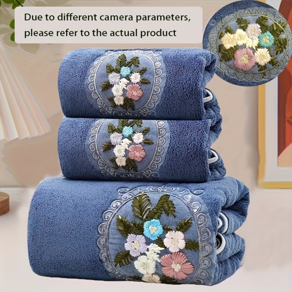 Embroidered Flower Towel Set 3-Piece Soft Absorbent Skin-Friendly Bath Towel and Face Towels for Bathroom Home Bathing Beach