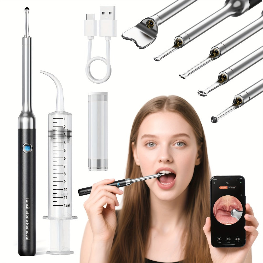 Intelligent Visual Tonsil Stone Removal Kit ¨C 1080P HD Camera, 6 LED Lights, Wi-Fi & App Connection, Multi-Accessory Oral Inspection Tool for All Ages