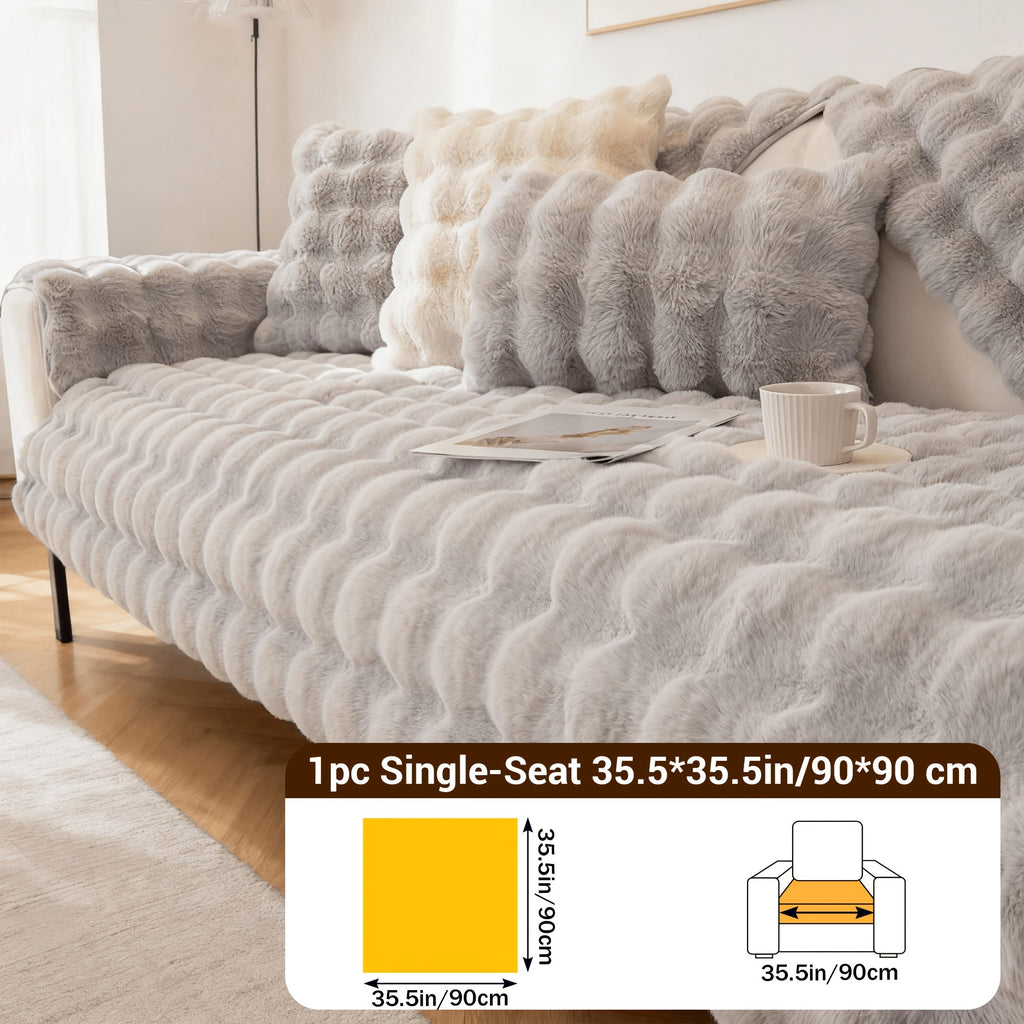 Bubble Soft Faux Rabbit Fur Sofa Cover - Non-Slip Silicone Backing Stretchable Slipcover Pet Friendly Machine Washable for Living Room Bedroom Dorm, 4 Colors Multiple Sizes