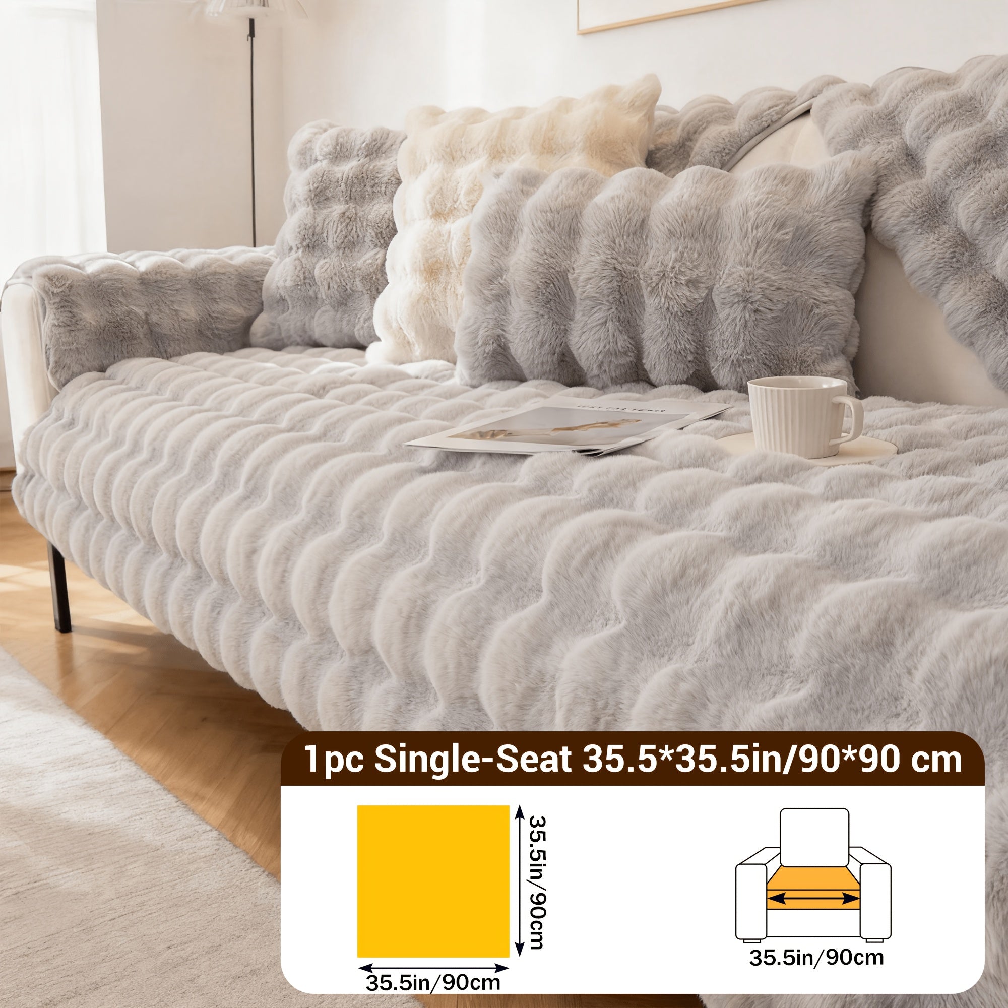 Bubble Soft Faux Rabbit Fur Sofa Cover - Non-Slip Silicone Backing Stretchable Slipcover Pet Friendly Machine Washable for Living Room Bedroom Dorm, 4 Colors Multiple Sizes