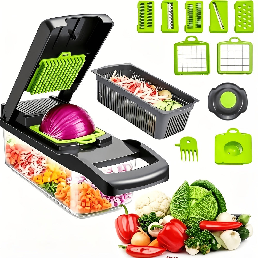14-in-1 Vegetable Chopper & Food Dicer | Stainless Steel Blades, Large Capacity Collector, Egg Separator, Easy Clean ¨C Manual Kitchen Slicer Grater