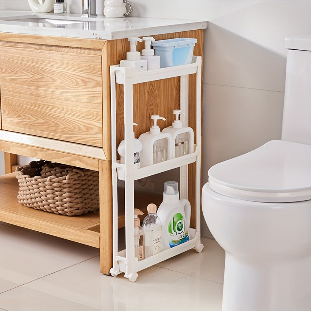 Behind Door Storage Rack, Multi-Layer Slim Organizer for Bathroom & Kitchen, Space Saving Over Door Shelf, Narrow Cabinet Rack with Fixed Hook, Plastic Stackable Storage