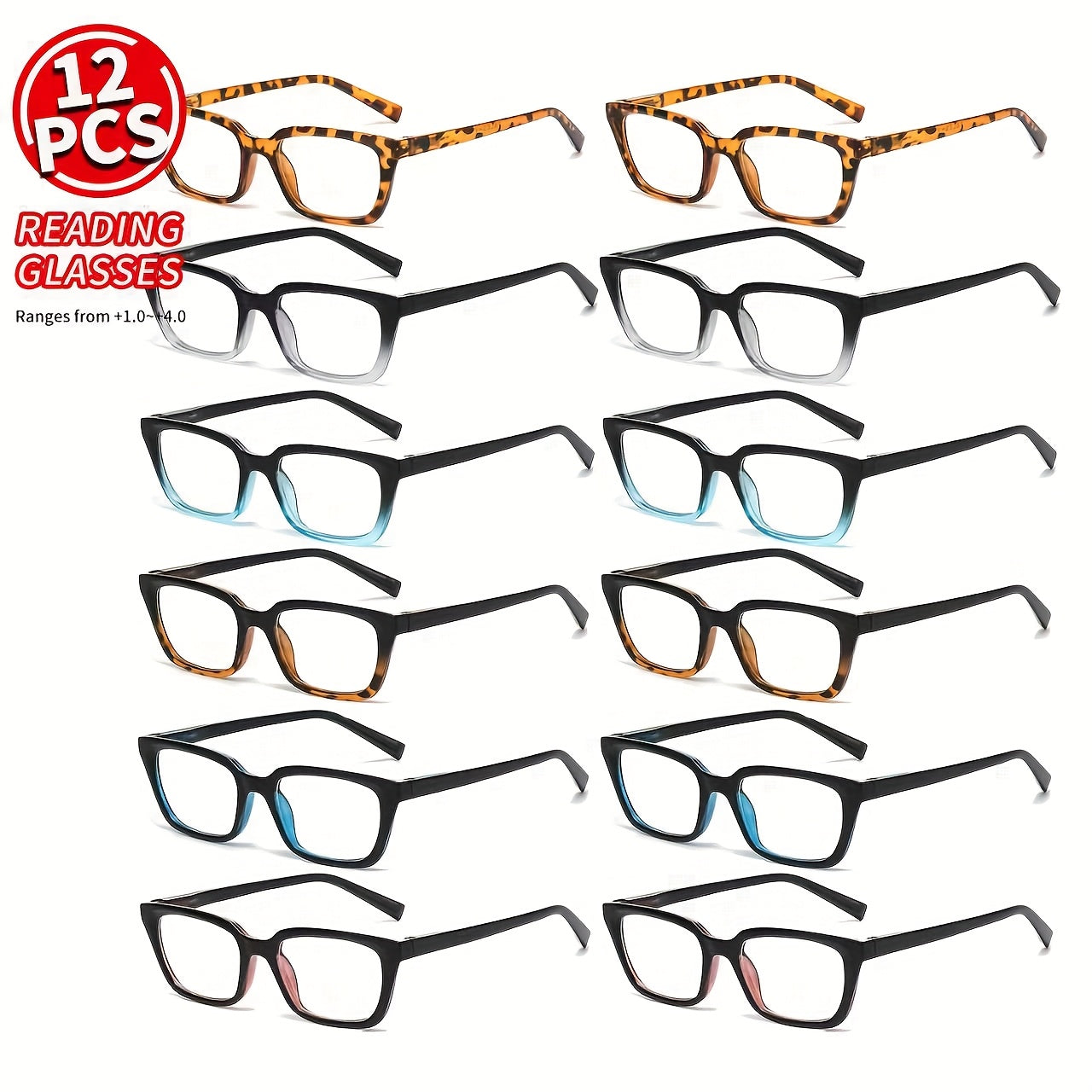 Blue Light Blocking Reading Glasses 12 Pack Bulk Set ¨C Stylish Unisex Readers with Anti-Glare Lenses, Lightweight Frames, Multiple Magnification Strengths for Men and Women