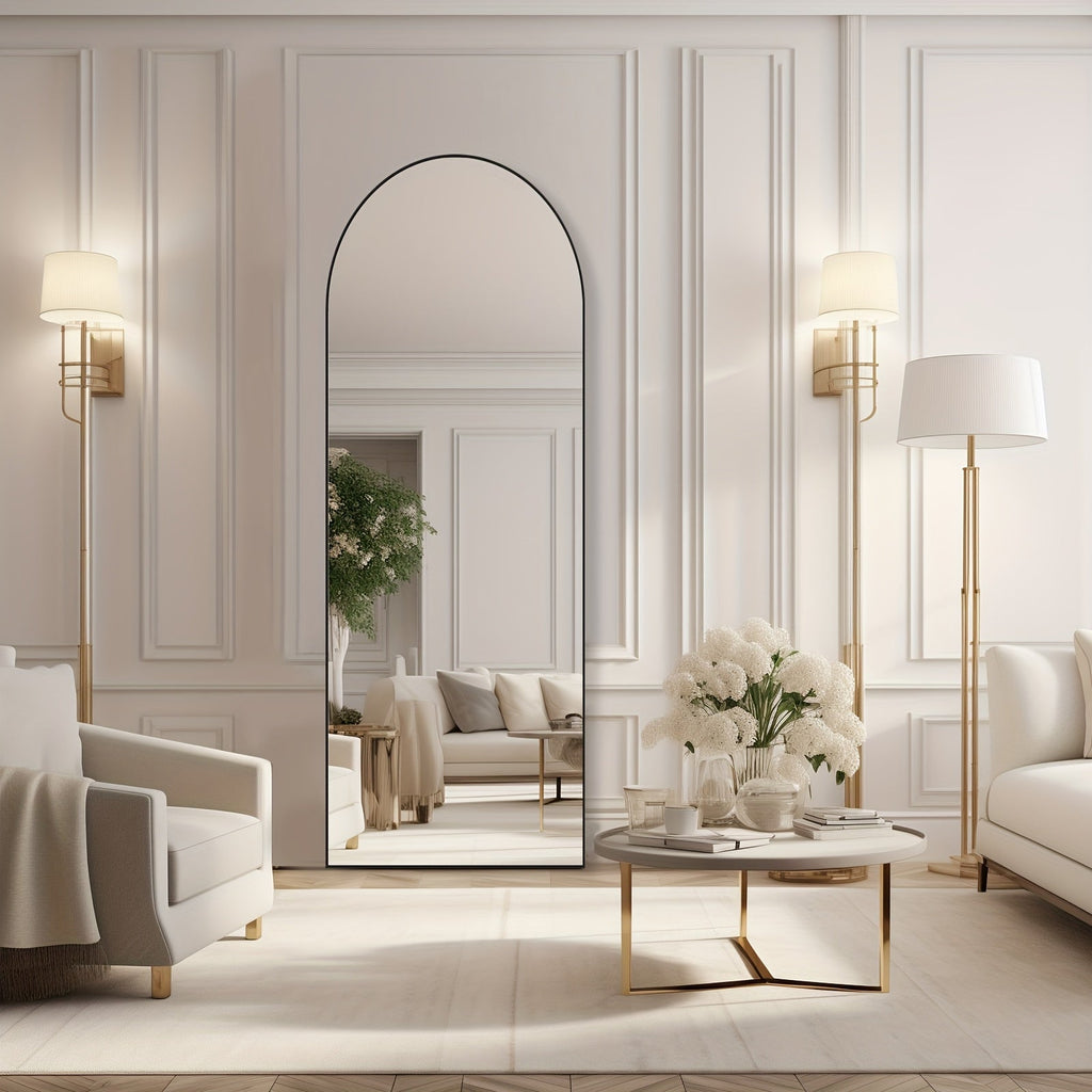 Full Length Floor Mirror with Stand ¨C Arched & Rectangular Full Body Mirror, Aluminum Alloy Frame, Shatter-Proof Nano Glass, Bedroom Living Room Cloakroom Wall Leaning Mirror