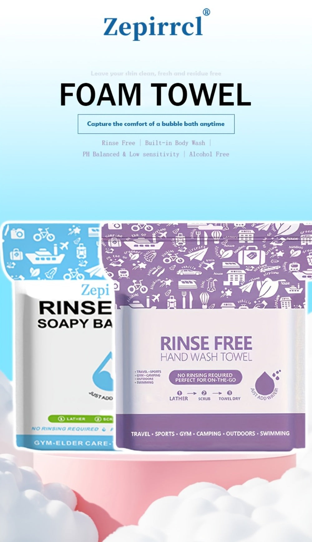 Disposable No-Rinse Foaming Bath Towels - Large 11.81¡± Body Wipes, Wet & Wipe Cleansing Cloths for Elderly Care, Camping, Post-Surgery, Fitness & Travel, Bulk 50/100/200 Pack, No Shower Needed