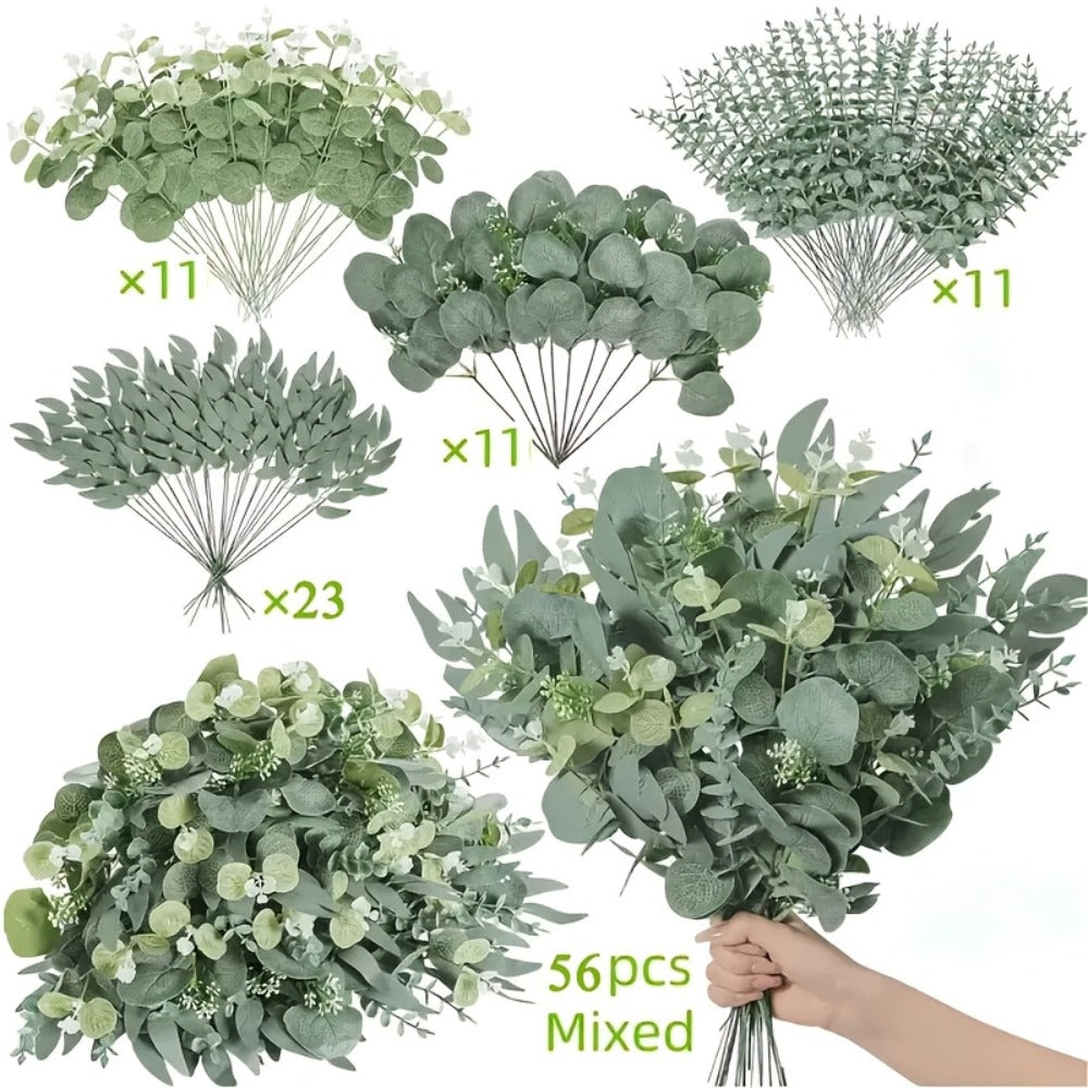 Artificial Eucalyptus Stems Bulk 50 56pcs Fake Flowers with 4 Leaf Varieties Lifelike Green Foliage Bouquet White Flowers for Wedding DIY Home Office Spring Valentine's Day St Patrick's Day Decor