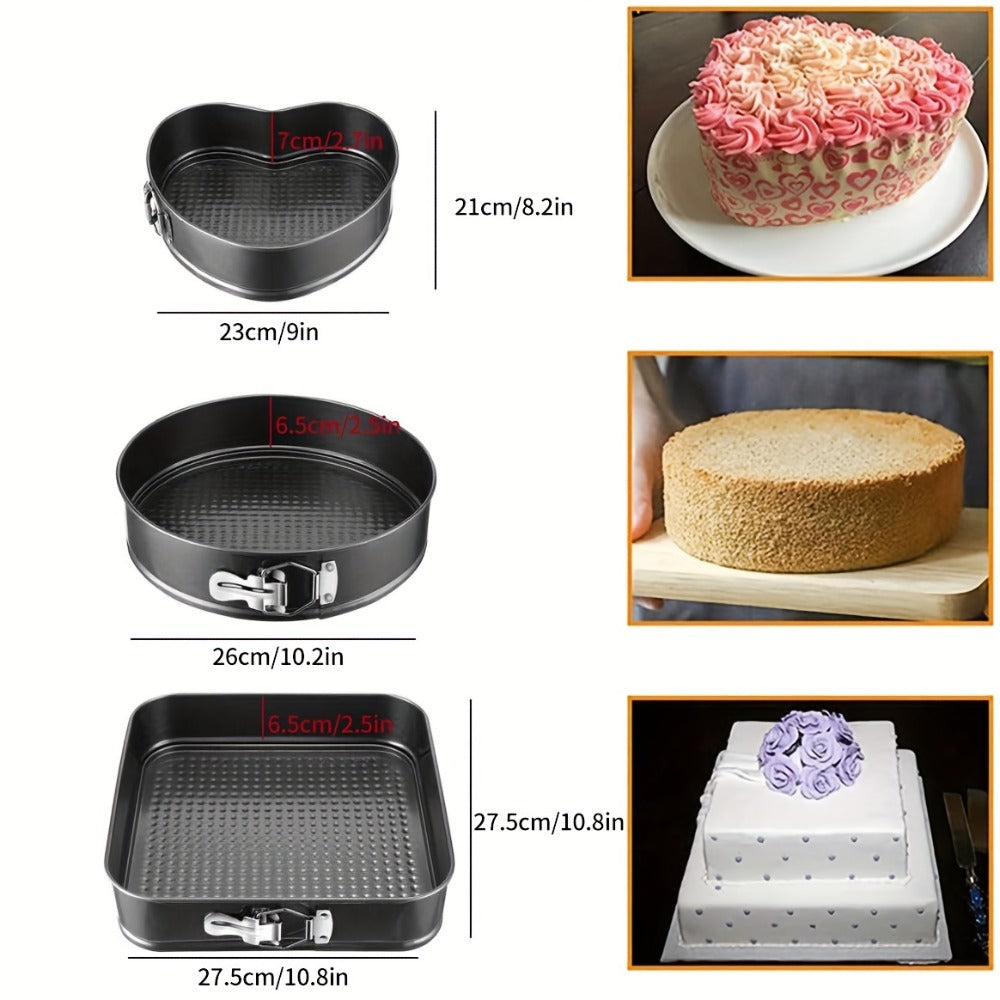 Removable Bottom Cake Pan Set, Nonstick Carbon Steel Round & Heart Shaped Springform Baking Pans, Easy Release Cake Molds for Cheesecake Mousse Layer Cake, 3-Piece or 6-Piece, Black