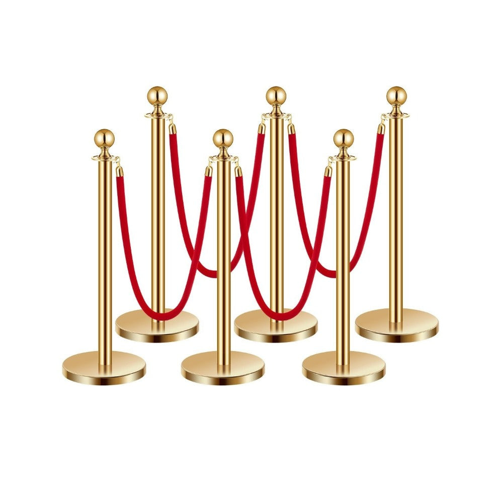 Stanchion Posts with Red Velvet Rope Set - Gold Crowd Control Barrier, 201 Stainless Steel Queue Poles with Sand-Fillable Base & 4-Way Connectors, for Wedding Event Party Museum Hotel, 4/6/8 Pcs