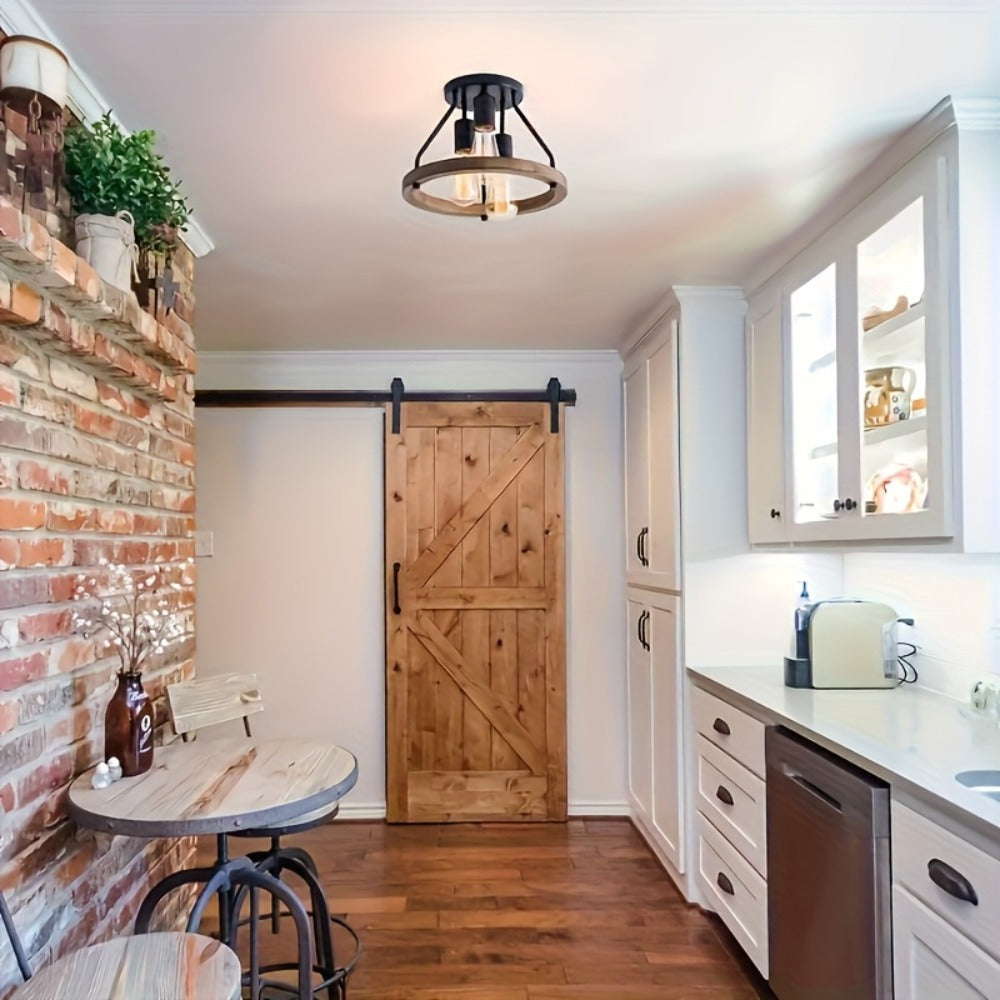 Farmhouse Semi Flush Ceiling Light 3-Bulb Wood & Metal - Rustic Industrial Ceiling Lamp for Kitchen Bedroom Dining Room Hallway Entryway Laundry Room (Bulb Not Included)