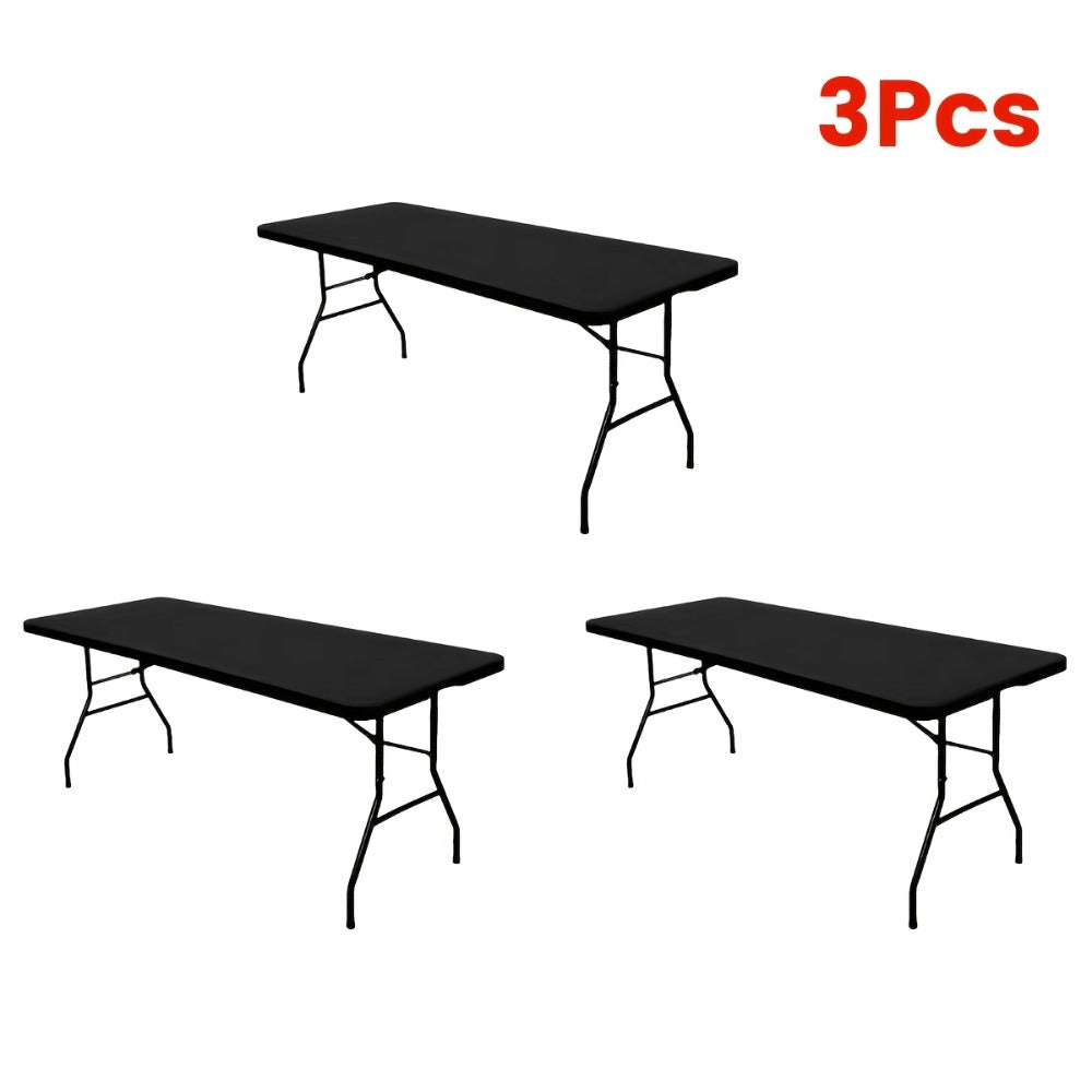 Stretch Table Covers 6Ft Washable Elastic Rectangle Tablecloth for Parties Weddings Picnics Camping, Spandex Polyester Blend, Fits Standard 6 Foot Tables, Set of 3 6 9 or 12, Black White Blue