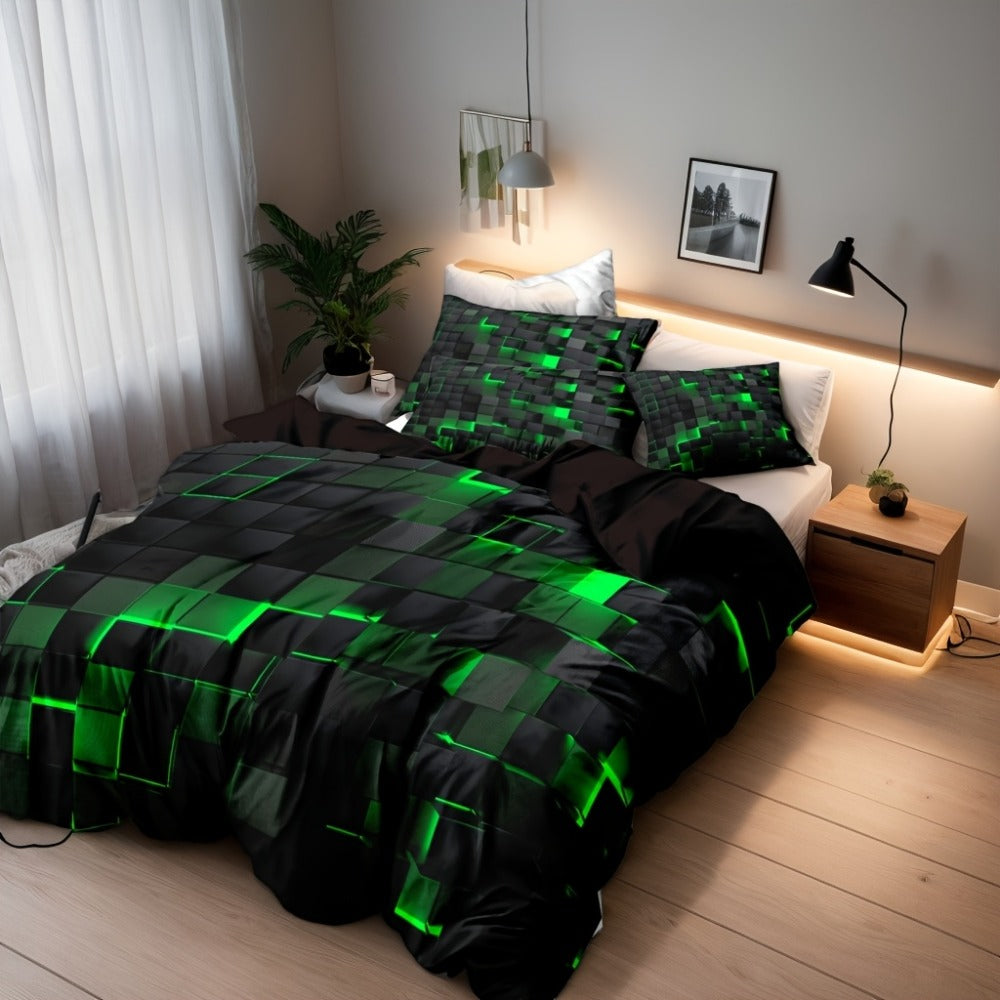 Duvet Cover Set Queen King Twin Full 3D Geometric Cube Print | 3-Piece Polyester Bedding Set | Black Blue Grid Pattern | All-Season Soft Quilt Cover + 2 Pillowcases | Machine Washable
