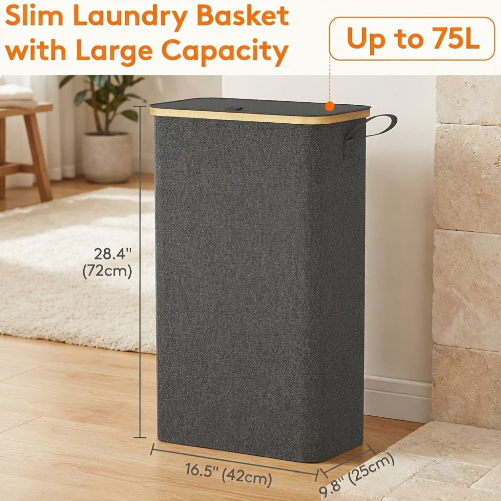 Slim Laundry Hamper with Lid & Removable Bag ¨C Foldable Narrow Clothes Basket with Bamboo Handles for Bathroom, Bedroom & Dorm ¨C 50L / 65L / 75L Space-Saving Collapsible Laundry Bin