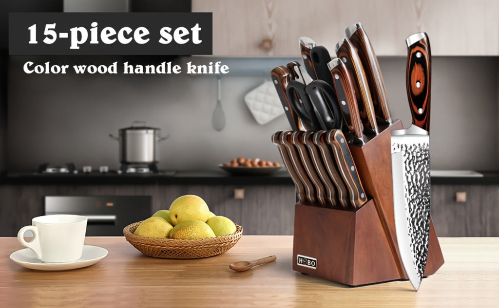 Kitchen Knife Set 15-Piece & 20-Piece Professional Chef Knives with Block Sharpener Ultra-Sharp Medium Carbon Stainless Steel Hammered Blade Wooden Handle Dishwasher Safe Gift for Men & Family