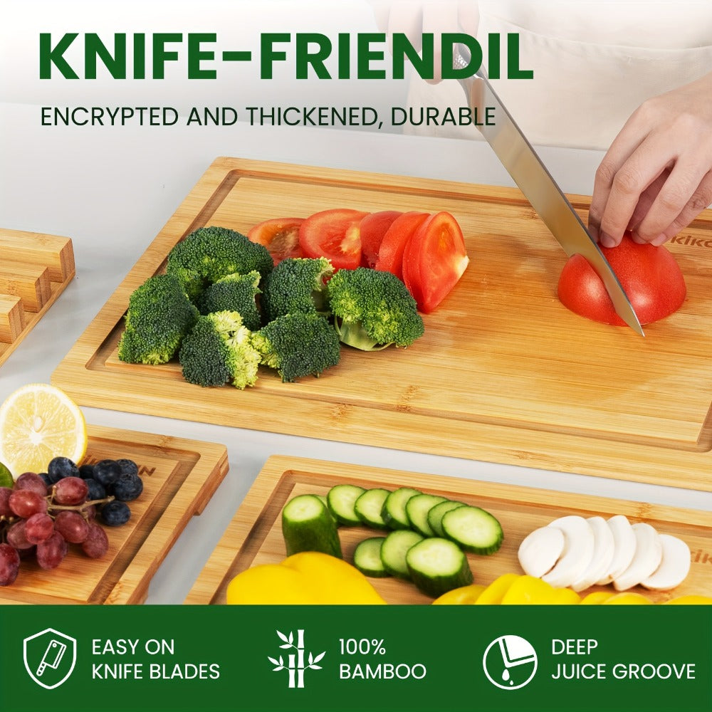 Bamboo Cutting Board Set 4pcs with Rack Juice Groove Knife Friendly Oversized Kitchen Chopping Boards for Meat Vegetables Fruit Multifunctional Gift for Family