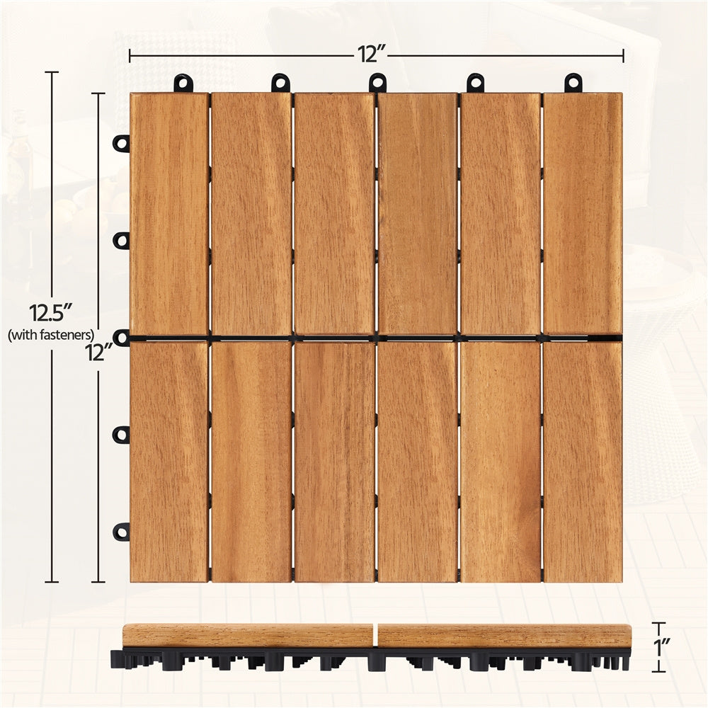Acacia Wood Deck Tiles Interlocking Outdoor Flooring, Water-Resistant Non-Slip Patio Tiles, Easy Snap DIY Installation for Deck, Garden, Poolside, Balcony ¨C 10pcs & 27pcs Sets Available