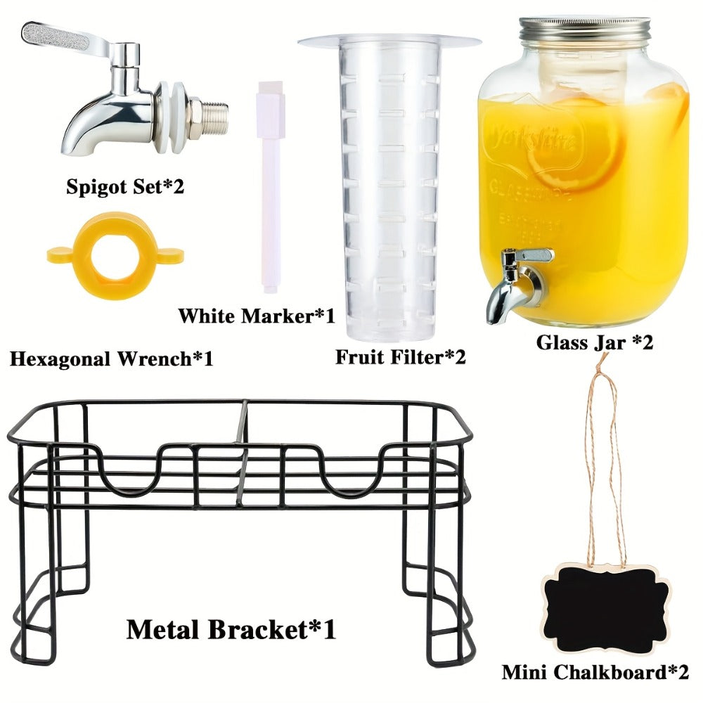 Glass Drink Dispenser with Fruit Infuser, Ice Cylinder & Stainless Steel Spigot ¨C 1 Gallon Beverage Dispenser with Stand for Parties, Weddings, BBQ & Lemonade