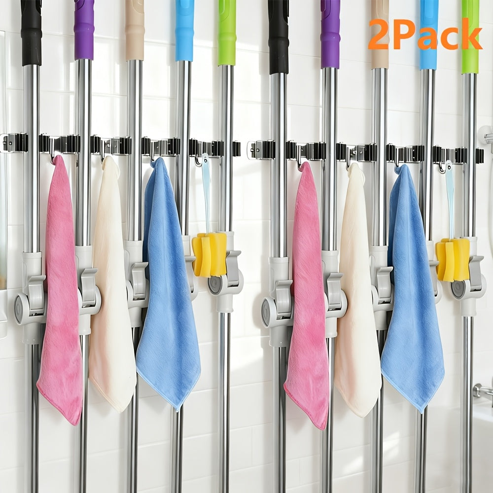 Mop and Broom Holder Wall Mount ¨C Stainless Steel Heavy Duty Self Adhesive Rack with 5 Slots & 4 Hooks, No-Drill Storage Organizer for Kitchen Garage Laundry Garden Home