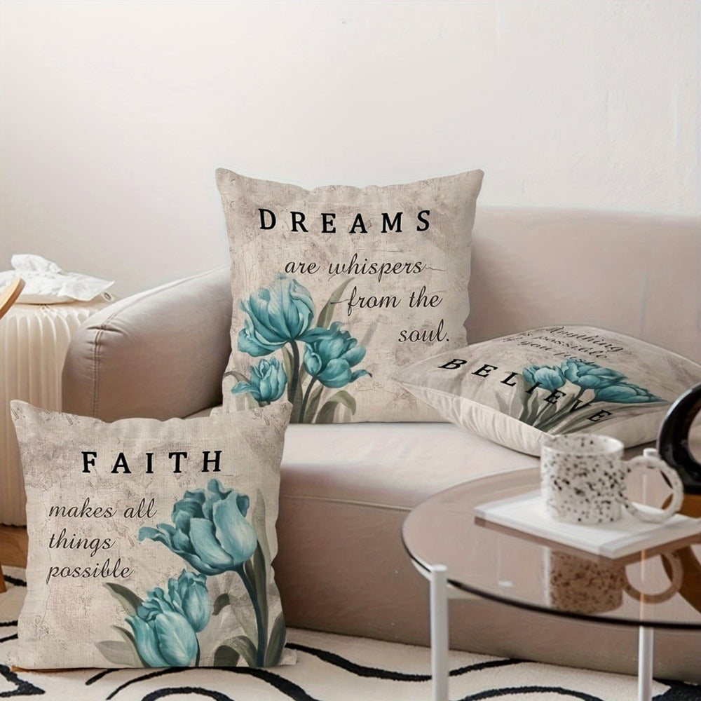 Teal Tulip Throw Pillow Covers 4 Pack Floral Farmhouse Decorative Cushion Covers for Sofa Couch Bed Patio Outdoor Living Room 18x18 Inch Zipper Closure Machine Washable