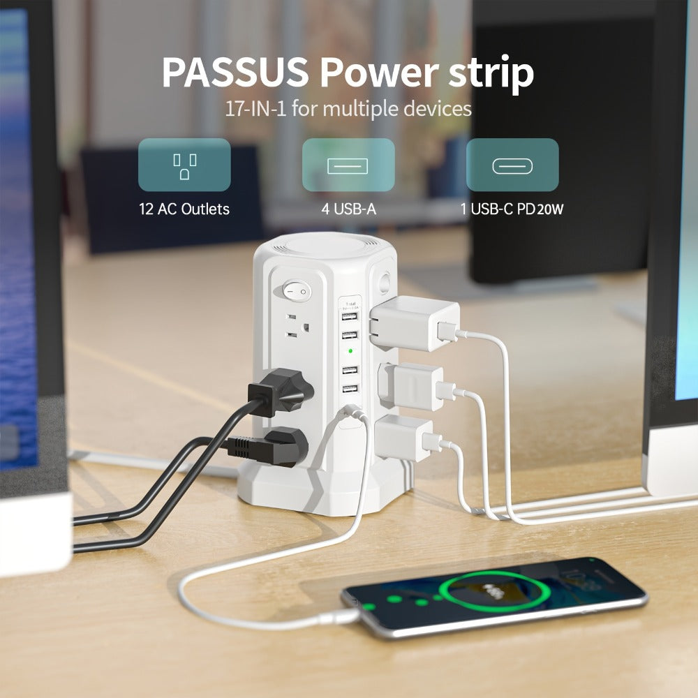 Surge Protector Power Strip Tower with 12 AC Outlets 5 USB Ports 8.8FT Extension Cord Night Light 4 Individual Switches Overload Protection for Home Office Desk Dorm Room