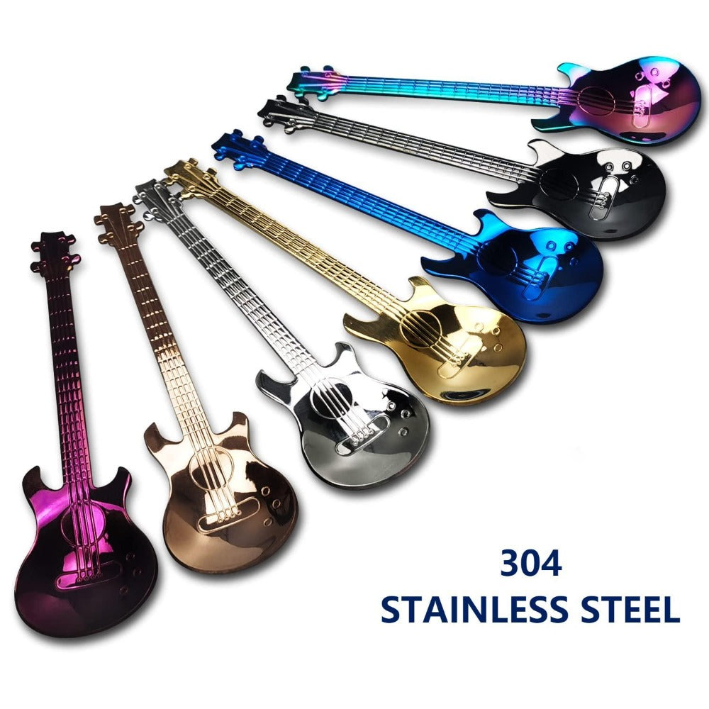 Guitar Shaped Spoons Set of 6 304 Stainless Steel Creative Teaspoons for Coffee Milk Tea Ice Cream Dessert - Colorful Novelty Cutlery Gift Set 7 Random Colors