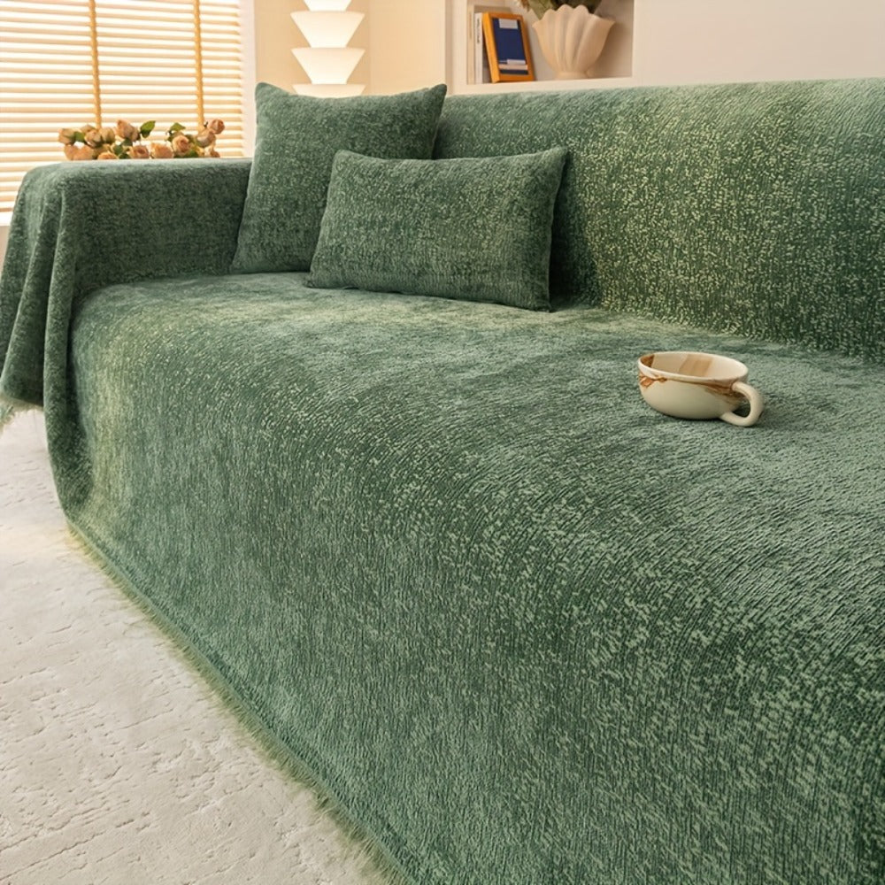 Chenille Sofa Cover with Fringe 300GSM - Super Soft Pet Friendly Solid Couch Slipcover for Single 2 4 Seater Living Room Decoration, 4 Colors