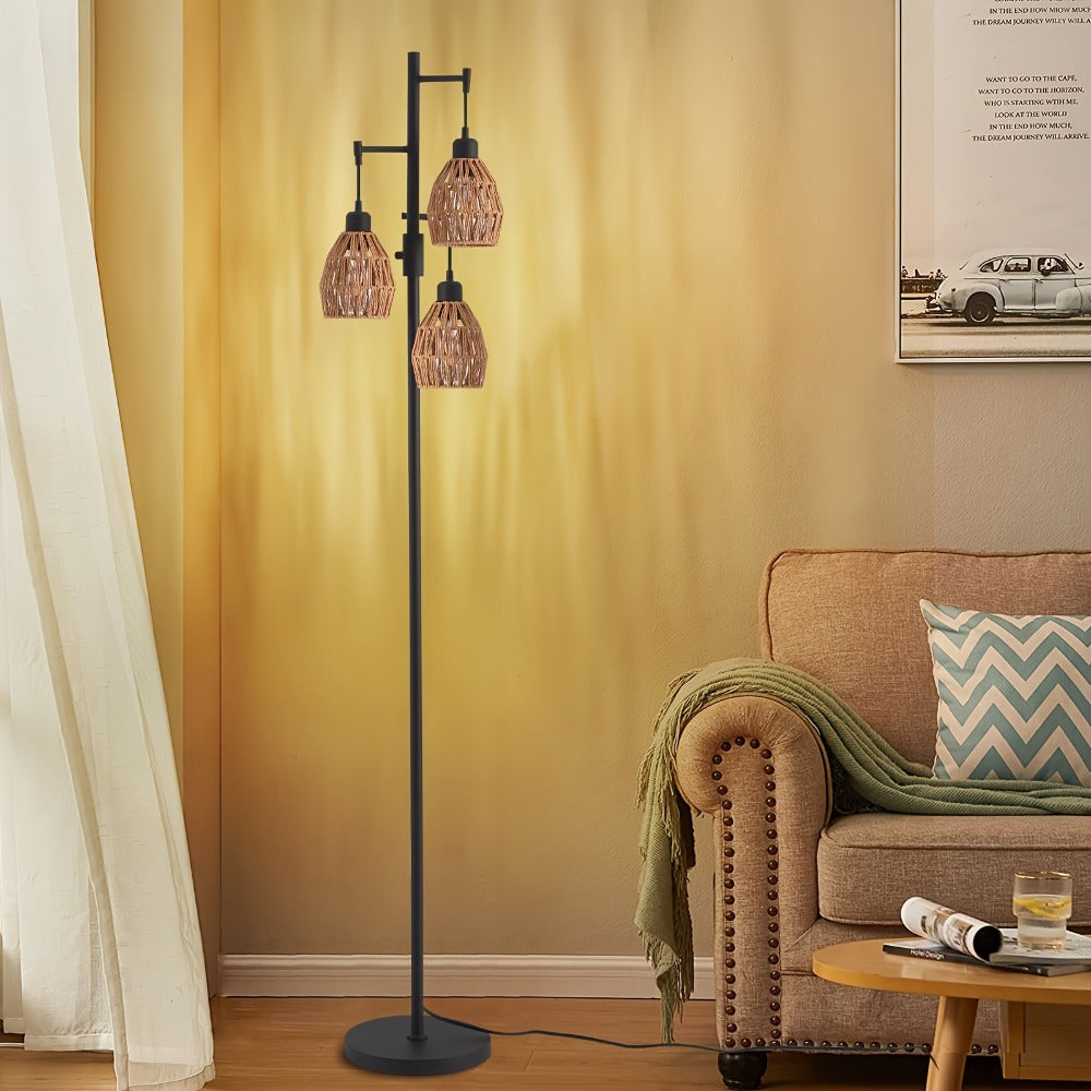 Boho Rattan Floor Lamp Dimmable ¨C 3-Light Stepless Dimming Standing Lamp with Natural Rattan Shade & Metal Base for Living Room, Bedroom, Dining Room ¨C Warm Bohemian Home Lighting