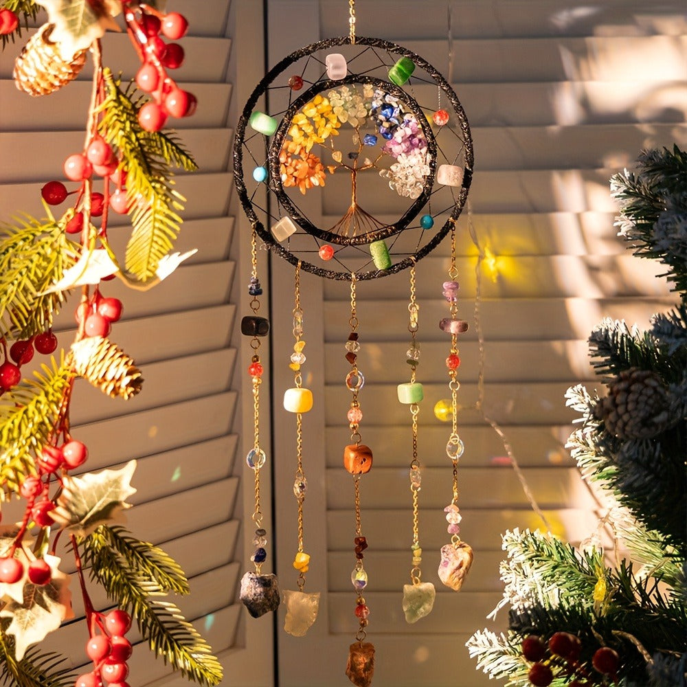 Crystal Wind Chime Suncatcher with Life Tree Pendant - Handmade Bohemian Shattered Stone Woven Hanging Decor for Outdoor Garden Window Porch, Christmas Wedding Birthday New Year Gift