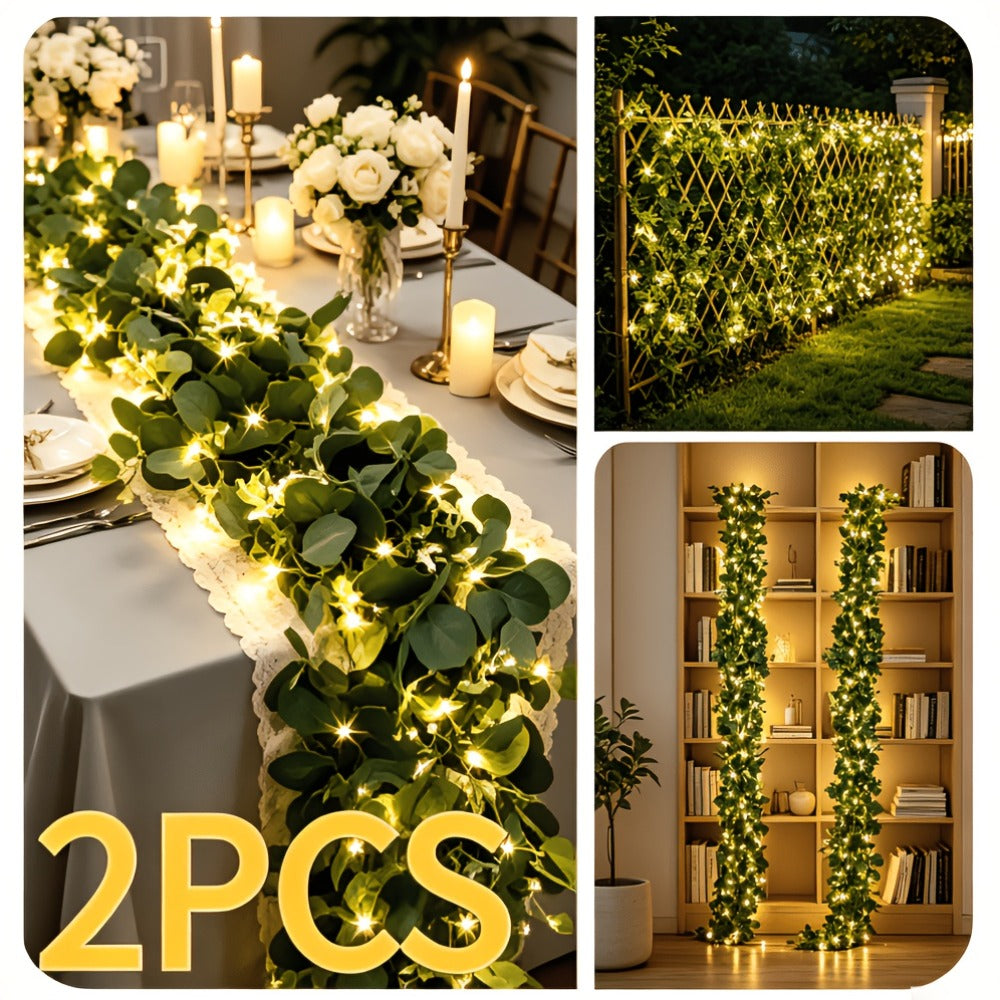 Lighted Eucalyptus Wreath Garland 6FT LED 2 Pack - Artificial Green Vine with Warm Lights for Wedding Centerpiece, Table Runner, Backdrop, Home & Seasonal Decor