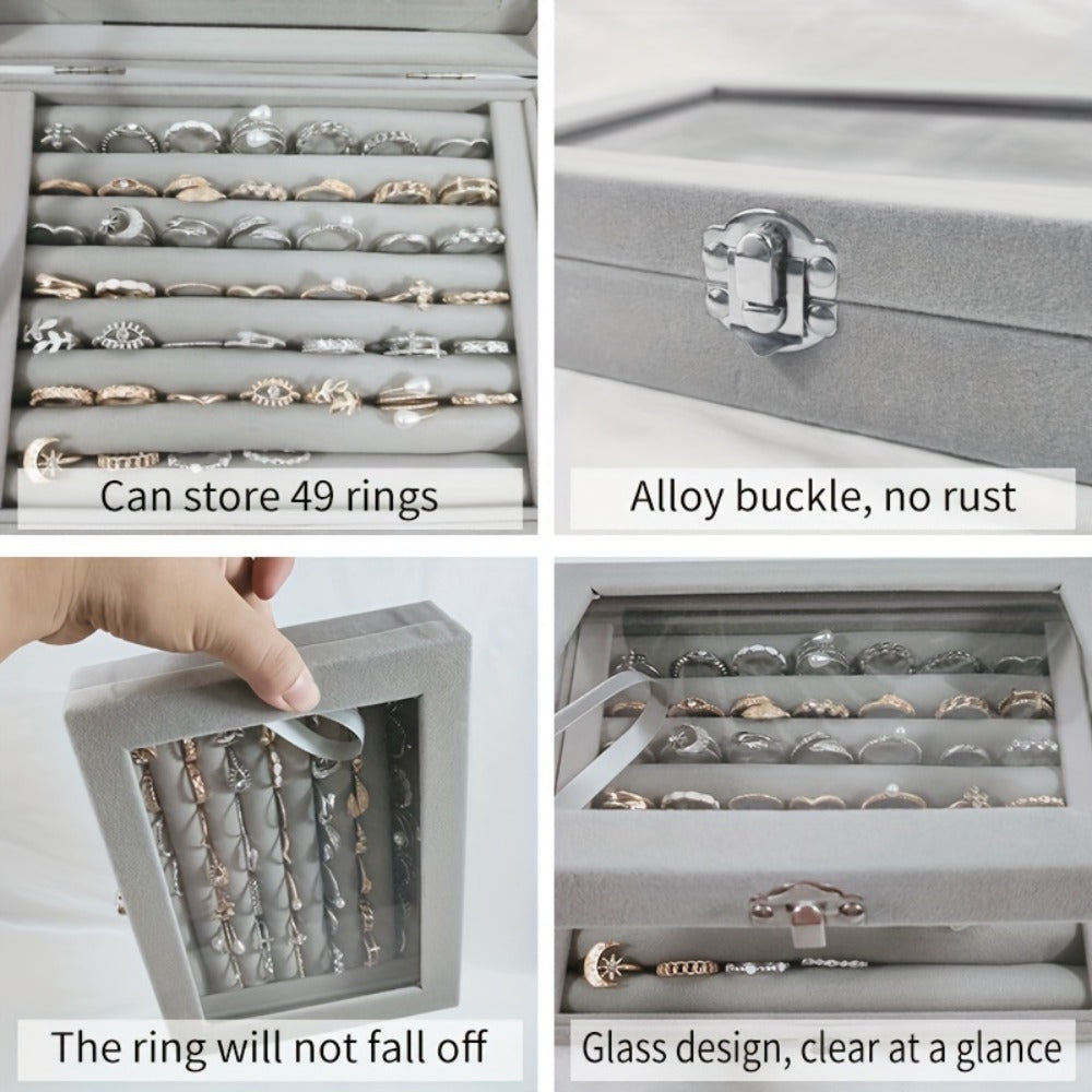 Jewelry Box with Locking Lid ¨C 49-Ring Capacity Glass-Like Plastic Ring & Earring Organizer, Large Rectangular Storage Case, Waterproof Anti-Tarnish, 4 Colors, Holiday Gift