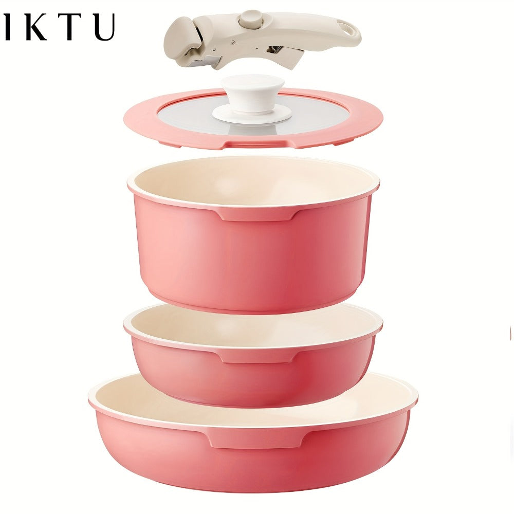 Nonstick Cookware Set 5-Piece Detachable Handle Aluminum Pots and Pans ¨C Space-Saving Stackable Induction Compatible | 8 & 10 Inch Frying Pan Soup Pot Universal Lid | White Pink Beige Coral Pink