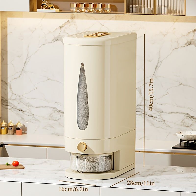 Rice Dispenser Storage Container Press Type Measuring Cup Moisture-Proof Sealed Grain Bin - Large Capacity Airtight Rice Storage Box for Rice Coffee Beans Flour Legumes Pet Food Kitchen Pantry Organizer