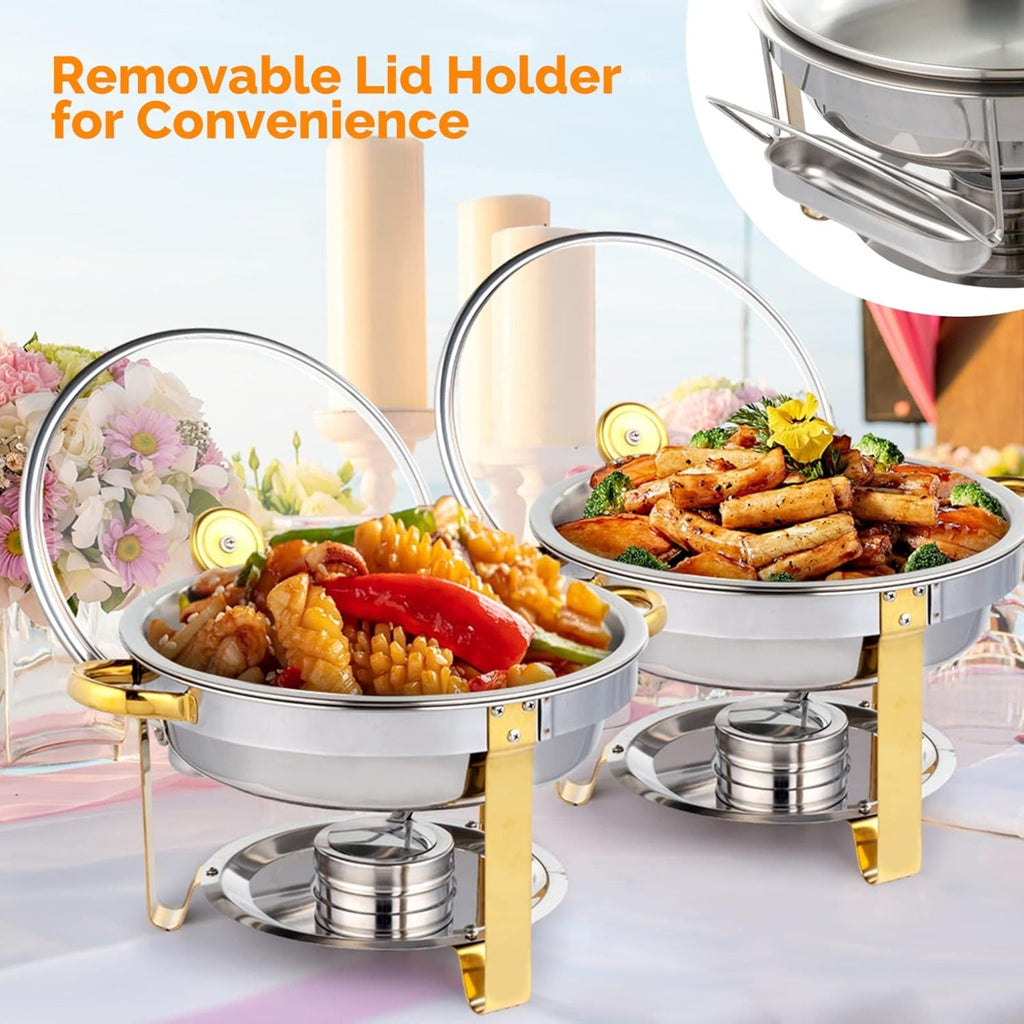 Stainless Steel Chafing Dish Set Buffet Warmer with Food Trays Water Trays Fuel Holders Mirror Finish Gold Handles Commercial Catering Buffet Server