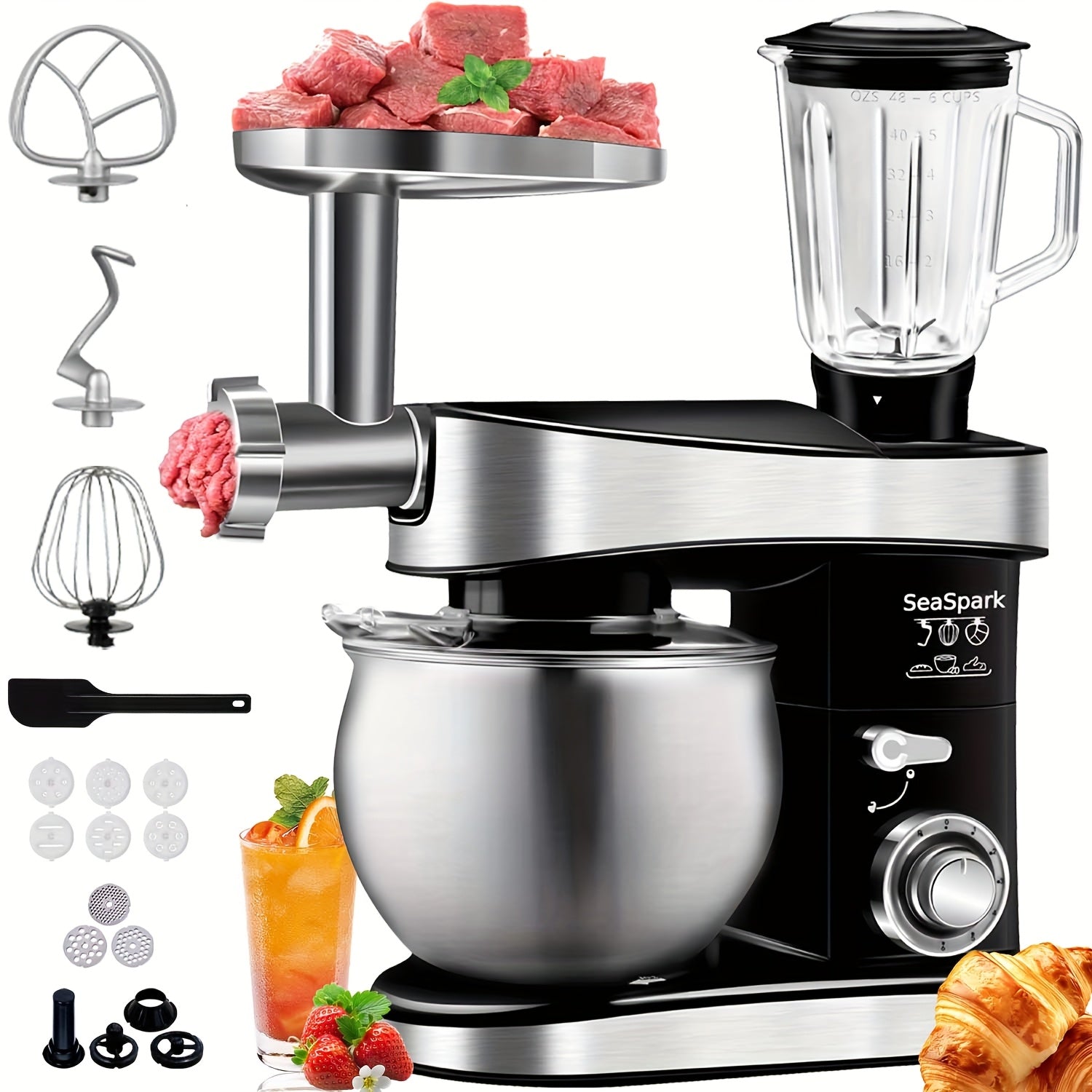 Stand Mixer 6-in-1 400W with 6.3QT Stainless Steel Bowl ¨C 6-Speed & Pulse Tilt-Head Kitchen Mixer with Dough Hook Beater Whisk Juicer Meat Grinder Noodle Press | Electric Food Mixer Black Red Purple Silver