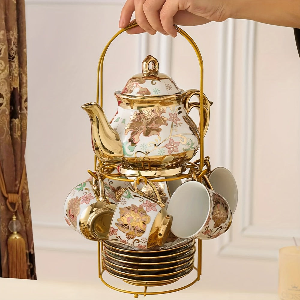 Floral Ceramic Tea Set 20 Pcs ¨C European Porcelain Tea Cups & Saucers with Metal Holder & 15 Oz Teapot ¨C Luxury Arabic Coffee Cup Set for Espresso, Cappuccino & Afternoon Tea ¨C Elegant Gift