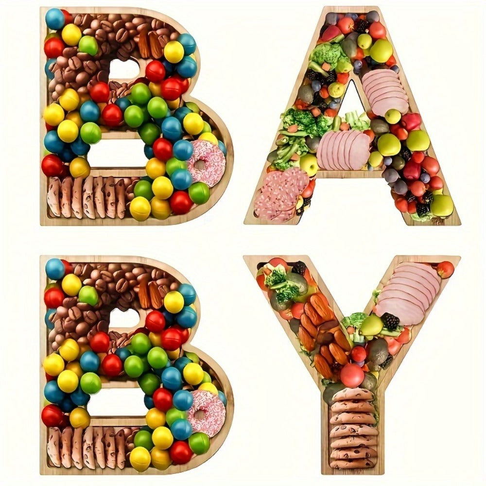 Baby Shower Charcuterie Board Set ¨C 4-Piece BABY Letter Shaped Wooden Serving Tray, Bamboo Snack Platter for Gender Reveal, Birthday Party, Cake & Cookie Display
