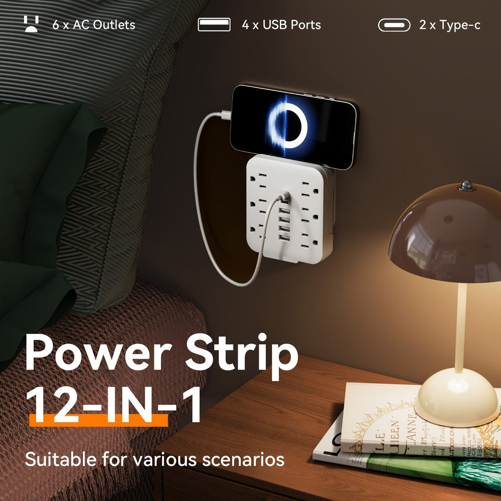 Wall Power Strip 12-in-1 with 6 AC Outlets & 6 USB Ports (2 USB-C) ¨C Compact Space-Saving Plug, 110-130V US Plug for Home & Office ¨C White & Black