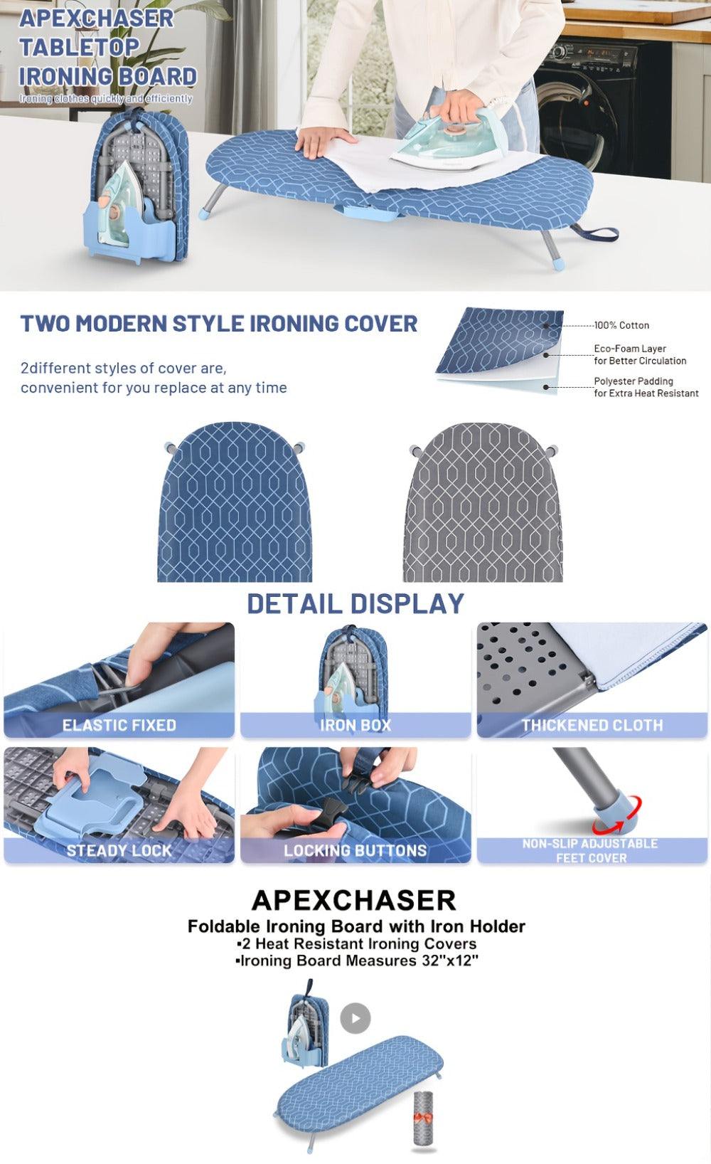 Tabletop Ironing Board Portable with Iron Holder & 2 Heat-Resistant Covers, Compact Small Ironing Board Metal Frame Non-Slip Feet for Home Travel Apartment Dorm, Space-Saving Desktop Iron Board Gift