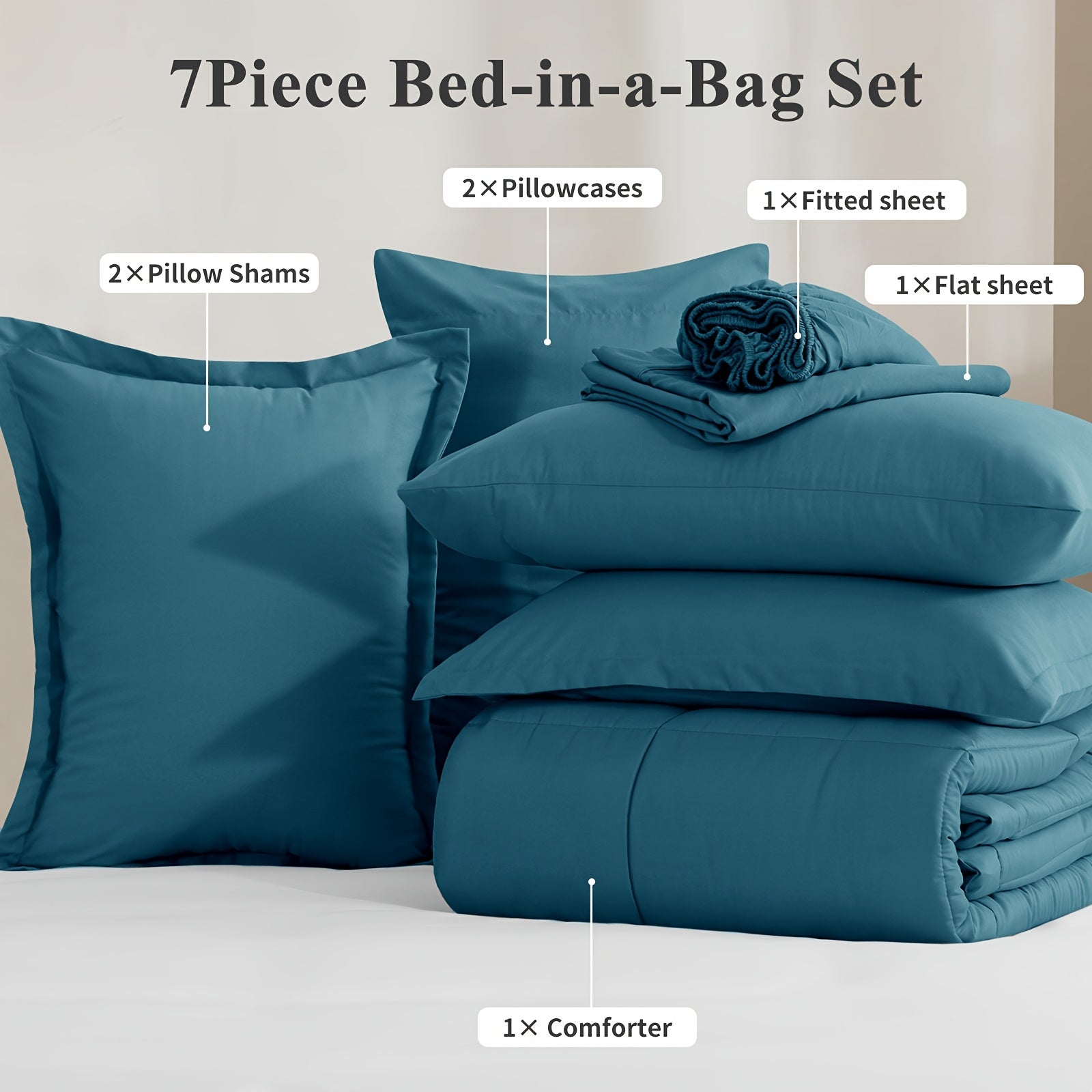 7 Piece Comforter Set Luxury Soft Fluffy Bedding All Season Bed in a Bag with Comforter Fitted Sheet Flat Sheet Pillowcases Hypoallergenic Breathable Easy Care Queen King Twin XL Full