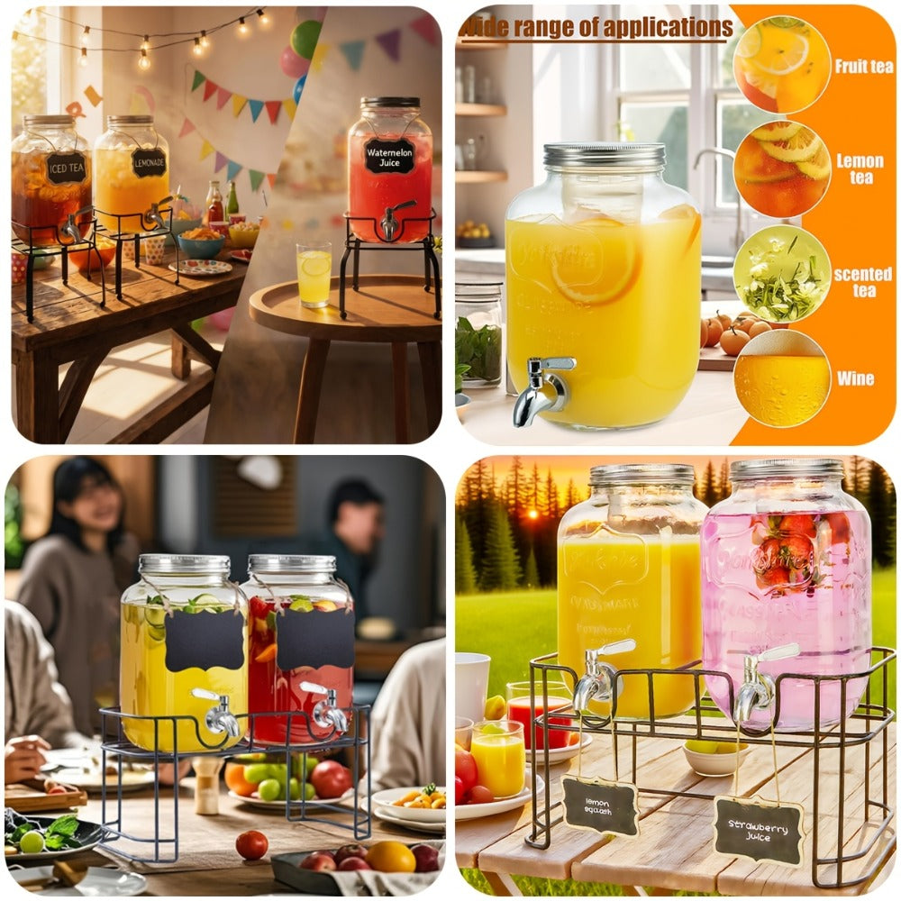 Glass Beverage Dispenser Set with Stand, 1-Gallon Square Glass Drink Dispenser with Stainless Steel Spigot & Ice Tube, Leak-Proof Lemonade Dispenser for Kitchen, Parties, Camping, 2pcs
