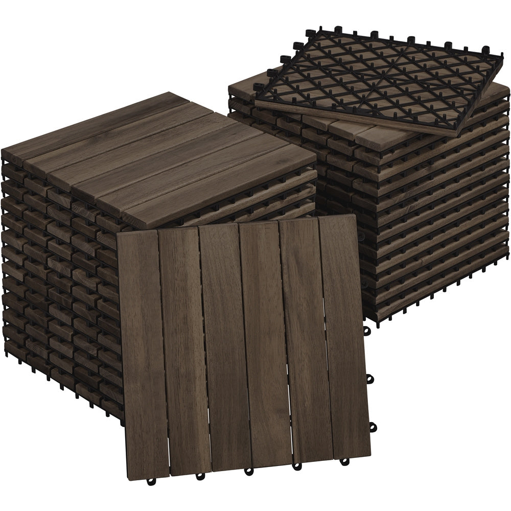 Acacia Wood Deck Tiles Interlocking Outdoor Flooring, Water-Resistant Non-Slip Patio Tiles, Easy Snap DIY Installation for Deck, Garden, Poolside, Balcony ¨C 10pcs & 27pcs Sets Available